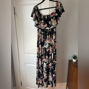 Pinkblush black floral ruffle off shoulder maxi maternity dress